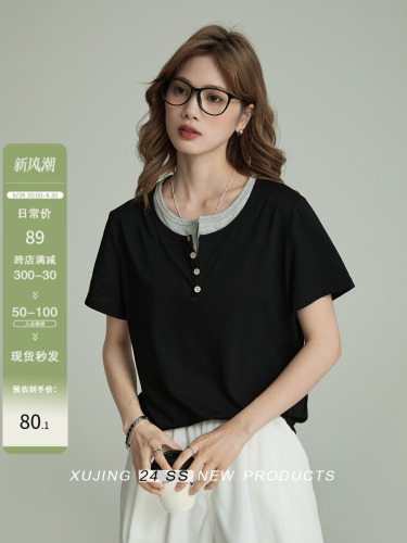 Xujing black fake two-piece short-sleeved t-shirt for women summer new clothes design right shoulder women's tops for women