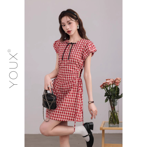 Original method + zipper hot girl hollow plaid skirt summer slimming slim and cold royal sister style dress