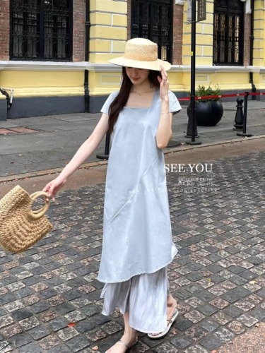 Korean style design contrasting color square collar dress for women 2024 summer new niche splicing irregular loose long skirt