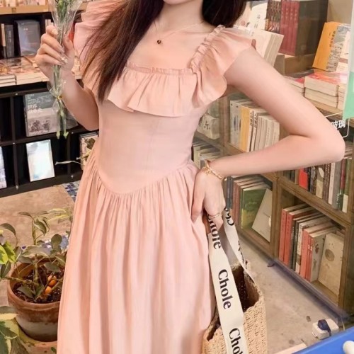 Pink Ruffled Square Neck Dress Women's Summer 2024 New French Style Small Flying Sleeves Seaside Vacation Beach Long Dress