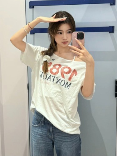 American Retro Hot Girl Sloping Collar Short Sleeve T-Shirt Women's Summer Millennial Niche Lazy Loose Slim Versatile Off-Shoulder Top