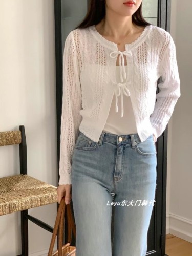 2024 Korean Dongdaemun purchasing agency for early autumn new women's lace-up round neck sweet candy color twist knitted cardigan