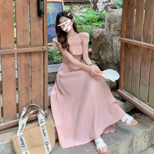 Pink Ruffled Square Neck Dress Women's Summer 2024 New French Style Small Flying Sleeves Seaside Vacation Beach Long Dress