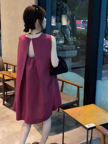 Korean style hollow back open back sleeveless dress for women 2024 summer new style high-end loose straight vest dress