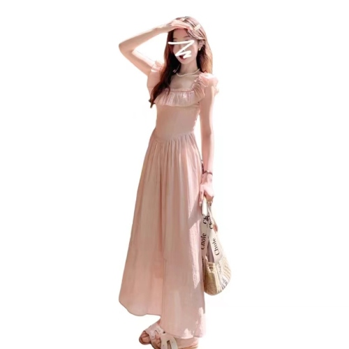 Pink Ruffled Square Neck Dress Women's Summer 2024 New French Style Small Flying Sleeves Seaside Vacation Beach Long Dress