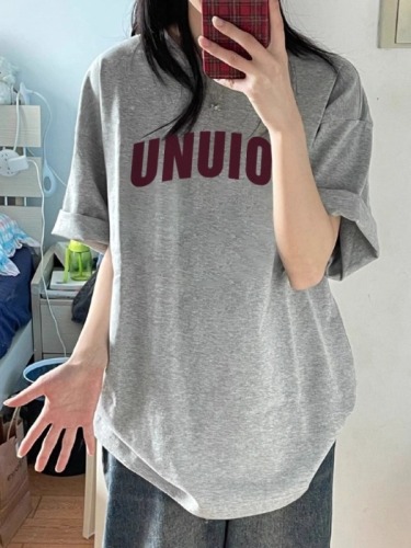 Pure cotton, super popular Korean style summer new letter printed T-shirt for women, short-sleeved student lazy mid-length top