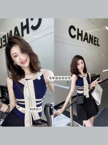 Fish Rabbit's Rabbit Navy Collar Striped Knitted Vest Women's 2024 Summer New Outerwear Short Sleeveless Top