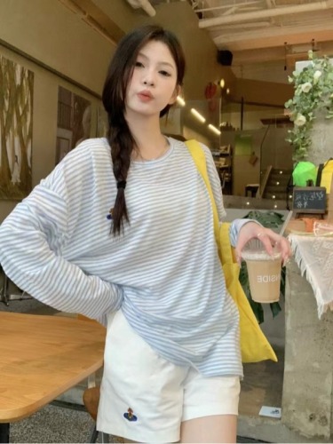 Designed versatile striped long-sleeved T-shirt women's summer sun protection blouse embroidered loose top