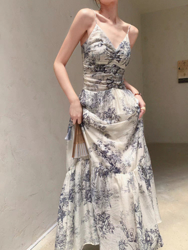 Sleeveless suspender dress for women 2024 summer new design ink painting waist slimming long skirt