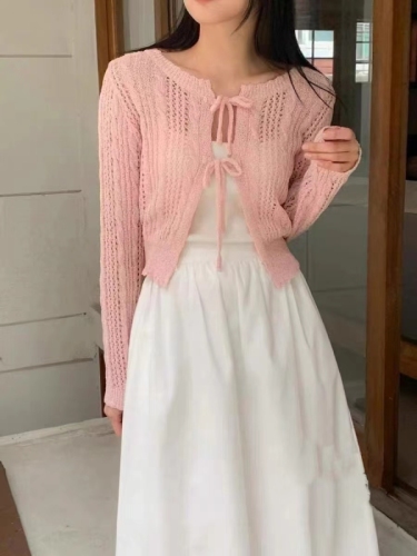 2024 Korean Dongdaemun purchasing agency for early autumn new women's lace-up round neck sweet candy color twist knitted cardigan