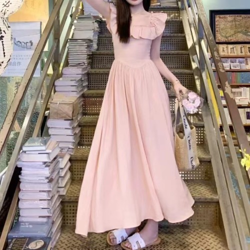 Pink Ruffled Square Neck Dress Women's Summer 2024 New French Style Small Flying Sleeves Seaside Vacation Beach Long Dress