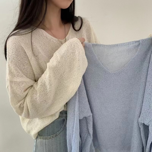 Korean chic lazy off-shoulder sleeves long-sleeved thin knitted sun protection blouse top women's pullover solid color