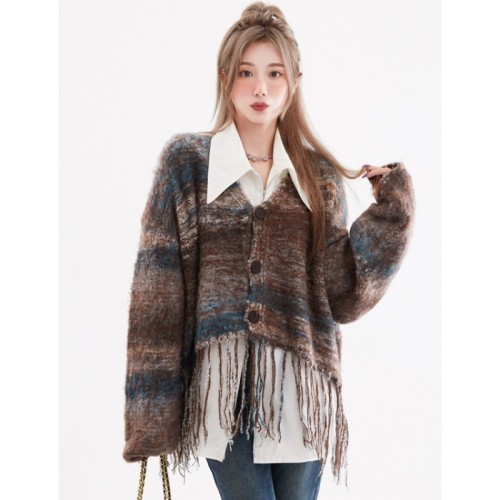 2024 Striped V-neck Tassel Knitted Cardigan Jacket Women's Early Autumn New Unique Top Looks Super Nice