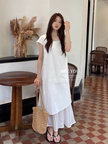 Korean style design contrasting color square collar dress for women 2024 summer new niche splicing irregular loose long skirt