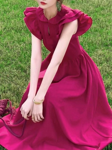 French style small flying sleeve rose red dress for women summer 2024 new style high-end temperament waist slimming long skirt