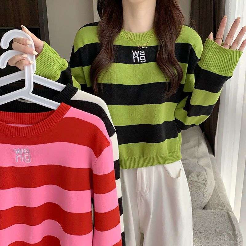 Loose round neck sweater for women 2024 spring new striped letter pullover sweater lazy style long-sleeved top