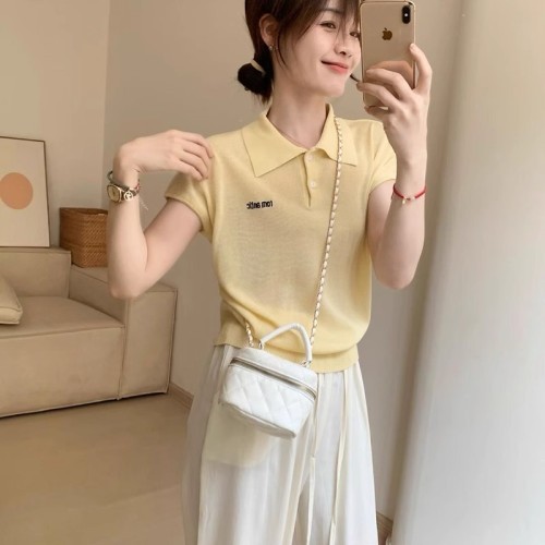 College style POLO collar ice silk shirt 2024 summer new Korean version simple classic lapel short-sleeved top T-shirt