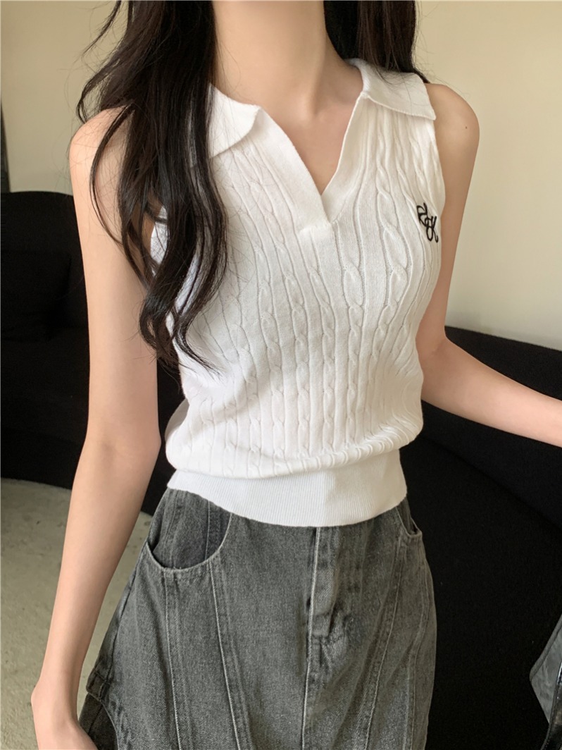 Real shot real summer new embroidered POLO collar vest sweater women's top