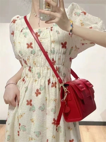 Sweet age-reducing puff sleeve printed square neck slim dress for female students summer Korean style mid-length a-line skirt