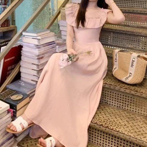 Pink Ruffled Square Neck Dress Women's Summer 2024 New French Style Small Flying Sleeves Seaside Vacation Beach Long Dress