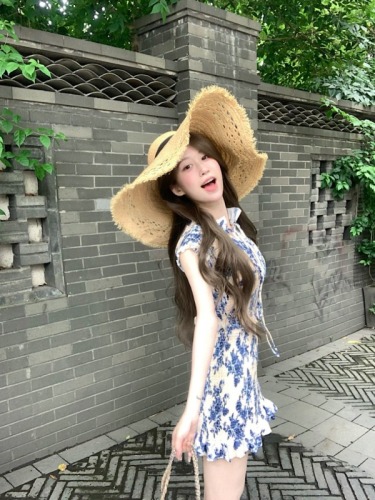 Real shot blue and white porcelain commuting versatile slim waist floral new Chinese dress women new Chinese short skirt