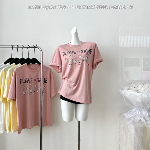 Fan Zhiqiao's design Kitty printed T-shirt for small women, fashionable, casual and versatile short-sleeved round neck loose top