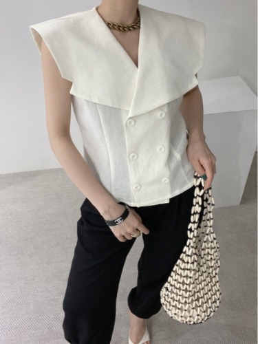 The size has been updated Korean chic summer new style double-breasted large lapel fashion tops vest shirt