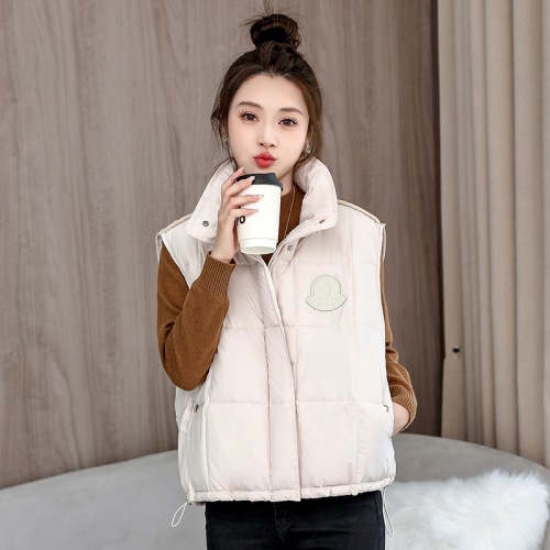 Real shot of foreign trade short feather jacket vest for women 2024 new stand-up collar small man outer vest spliced ​​leather jacket