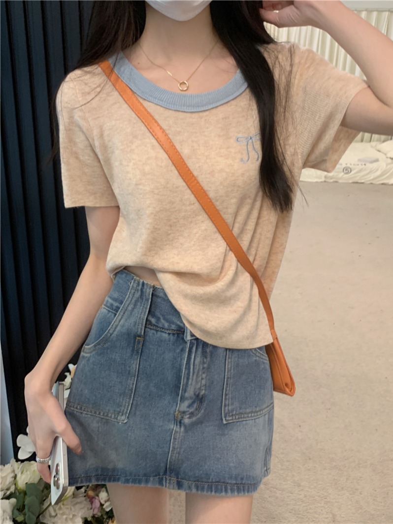 Real Shot Real Summer New Contrast Color Short Sleeve Knitted T-Shirt Women's Top
