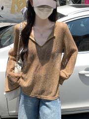 Actual shot of summer Korean style loose half-open collar hollow bell sleeves versatile sun protection cover-up long-sleeved T-shirt top