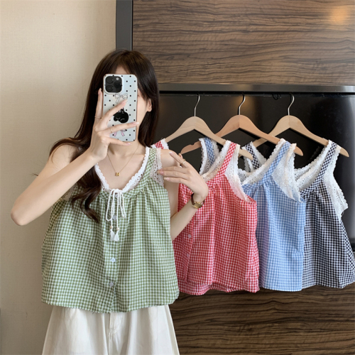 Real shot of new design lace fake two-piece camisole for women short plaid sleeveless top