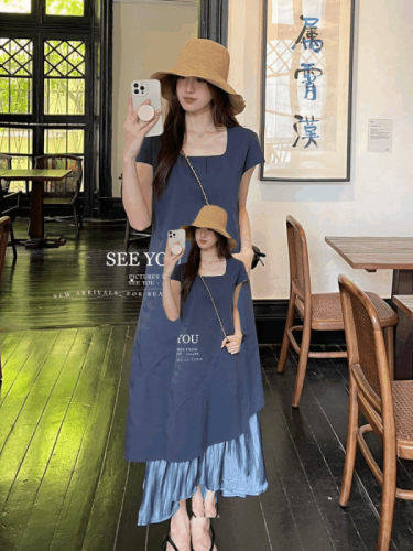 Korean style design contrasting color square collar dress for women 2024 summer new niche splicing irregular loose long skirt