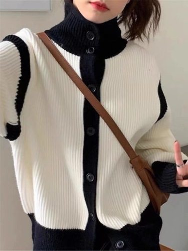 South Korea Dongdaemun 2024 Autumn and Winter High Collar Stand Collar Contrast Color Fashion Knitted Sweater Cardigan Jacket for Women