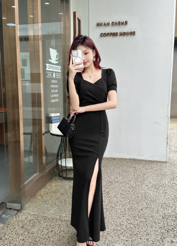 Real shot of goddess homemade short-sleeved dress for women, high-quality tight-fitting slimming butt-covering long dress, good quality