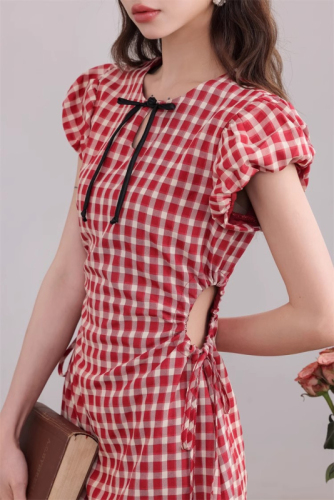 Original method + zipper hot girl hollow plaid skirt summer slimming slim and cold royal sister style dress