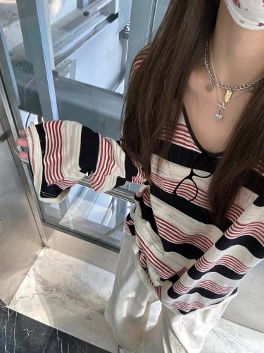 ASHENONLINE Berry Soda Top American Lightweight Loose Cotton Red Striped Long Sleeve Women's T-Shirt Summer