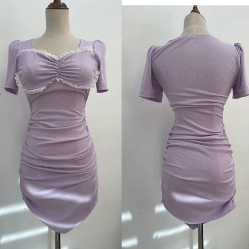 Real shot~Sweet lace taro purple short-sleeved slim-fitting hip-hugging irregular slimming stretchy and gentle style dress for women