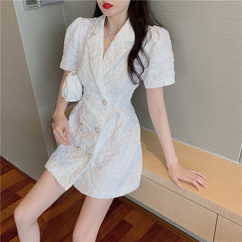 Suit dress 2024 summer new style French style short-sleeved waist slimming white puff sleeve short skirt for women