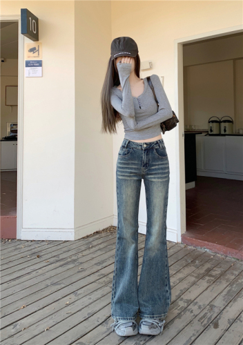 Real shot!  Korean all-match washed jeans for women, high-waisted and slim, American high street retro boot-cut pants, trendy