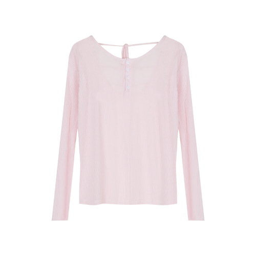 Pink sweet and spicy style back hollow lace-up T-shirt long-sleeved slightly see-through sun protection blouse for women summer slim outer top