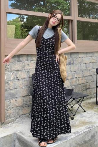 Real shot ~ Large size summer floral skirt suspender dress for women 2024 new tea break French black layered long skirt