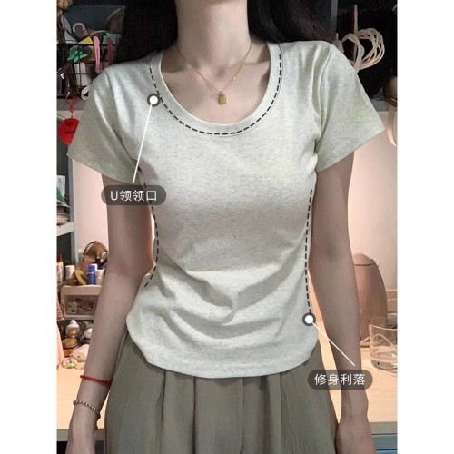 White U-neck short-sleeve women's T-shirt summer regular shoulder slimming summer wear waist-cinching short top summer style large collar
