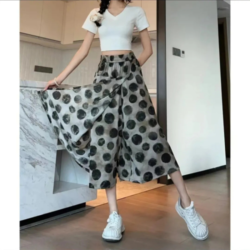 Tie-dyed chiffon culottes for women summer 2024 new thin high-waisted slim printed large skirt national style wide-leg pants