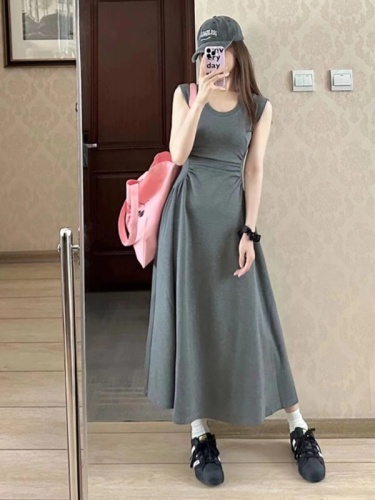 French royal lady small flying sleeve dress women's summer high-end niche design gray pleated waist long skirt