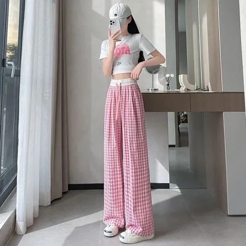 Plaid wide-leg trousers for women in summer, thin, slim, loose, high-waisted casual pants, drawstring, versatile floor-length trousers