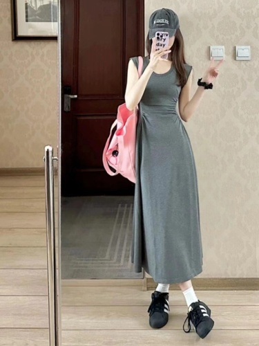 French royal lady small flying sleeve dress women's summer high-end niche design gray pleated waist long skirt