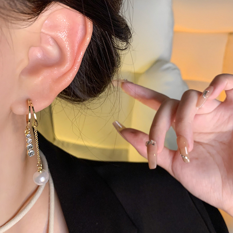 S925銀針輕奢小眾長款流蘇珍珠耳環女高級感精緻鋯石耳釘網紅耳飾