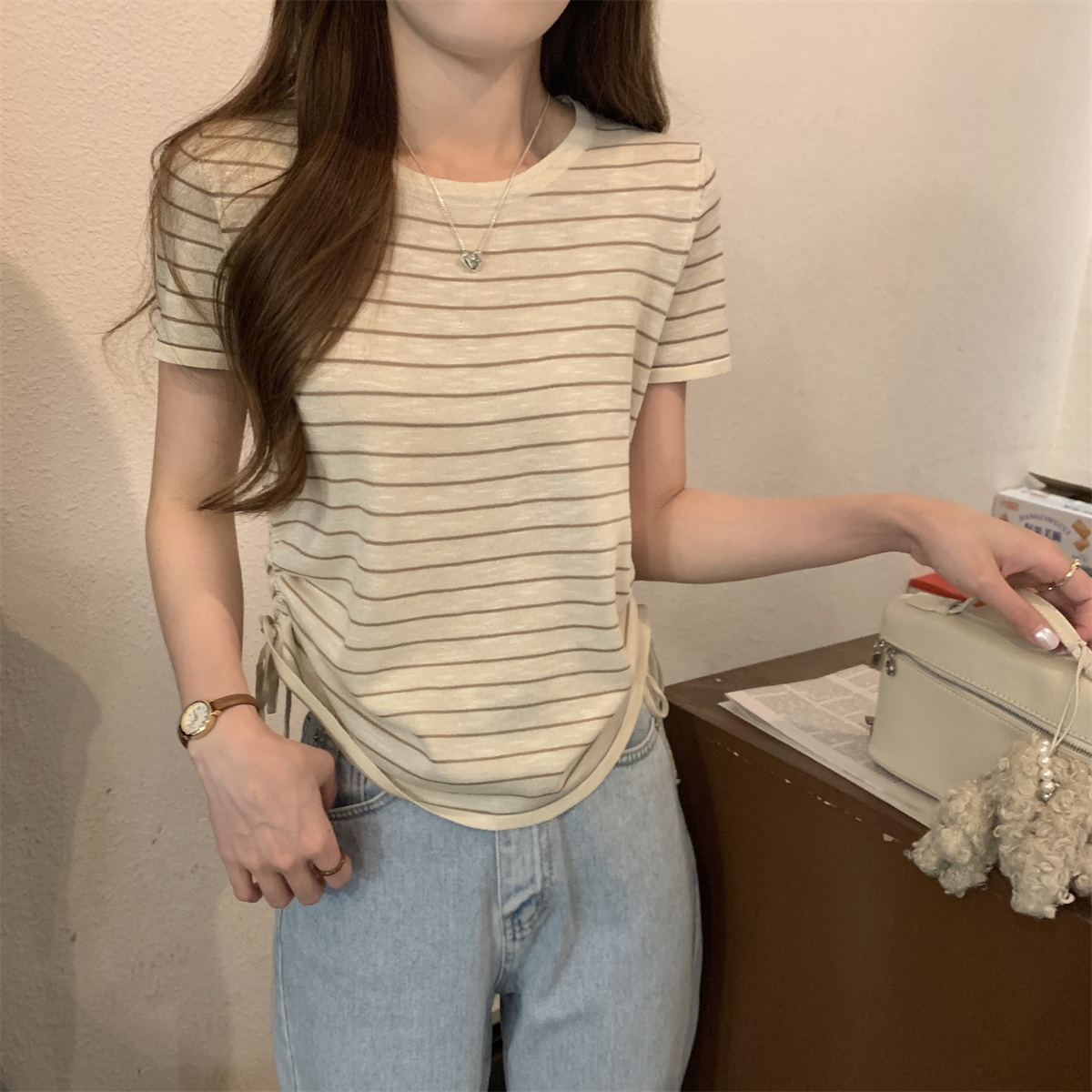 Actual shot of summer Korean style loose contrast striped drawstring bamboo linen thin sweater short-sleeved top