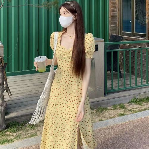 French yellow floral dress women's spring new high-waist slim slit skirt A-line mid-length skirt