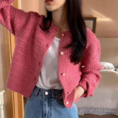 Korean chic autumn and winter retro small fragrance round neck textured braided design single-breasted knitted cardigan women's tops